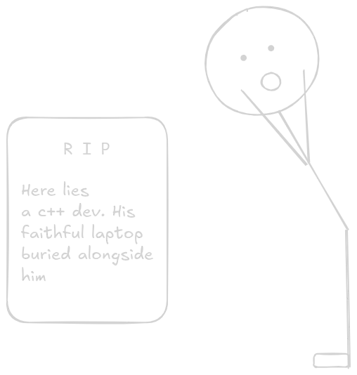 Stickman standing over dead c++ programmer's grave